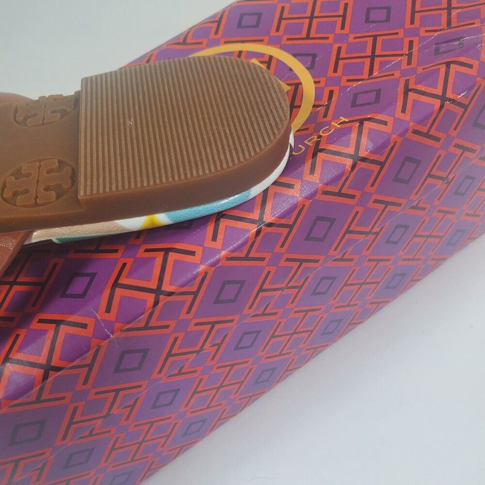 NEW Tory Burch Women’s Sandals Size 7 Brown Multicolor Logo Thong Flip Flop - Picture 6 of 9